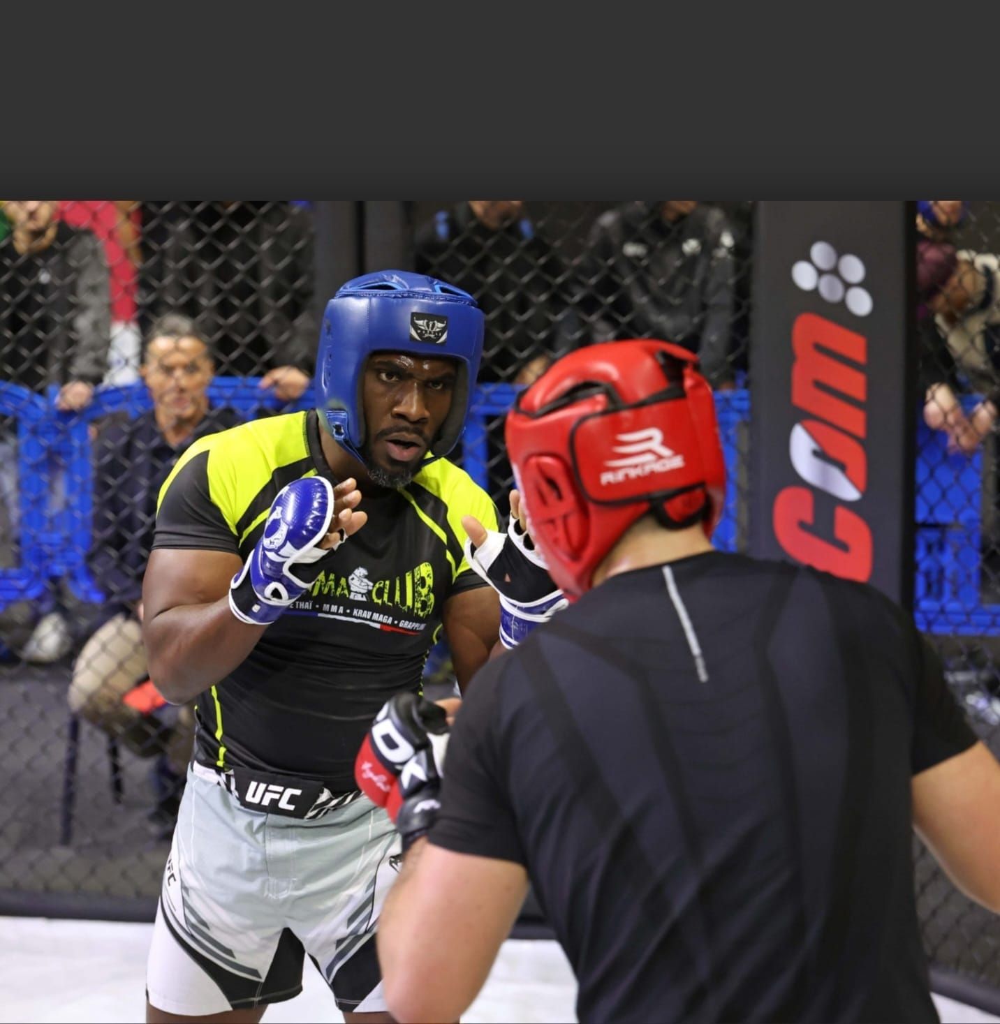 Combat de MMA en cage : un combattant du Puma Club, casque bleu et tenue jaune et noire, face à son adversaire.